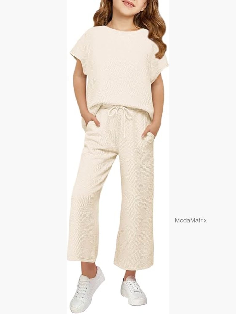 Girls Short Sleeve Crew Neck Top & Wide Leg Pants Sweatsuit Set 5-14y